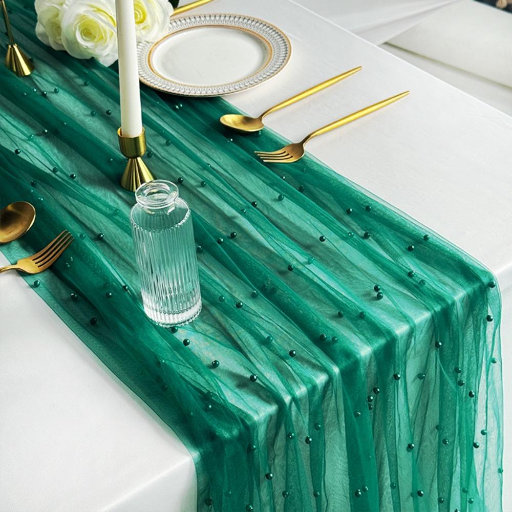 New 75x300CM Pearl Table Runner Tulle Bohemian Party Tablecloth Table Cloth Dessert Table Decor