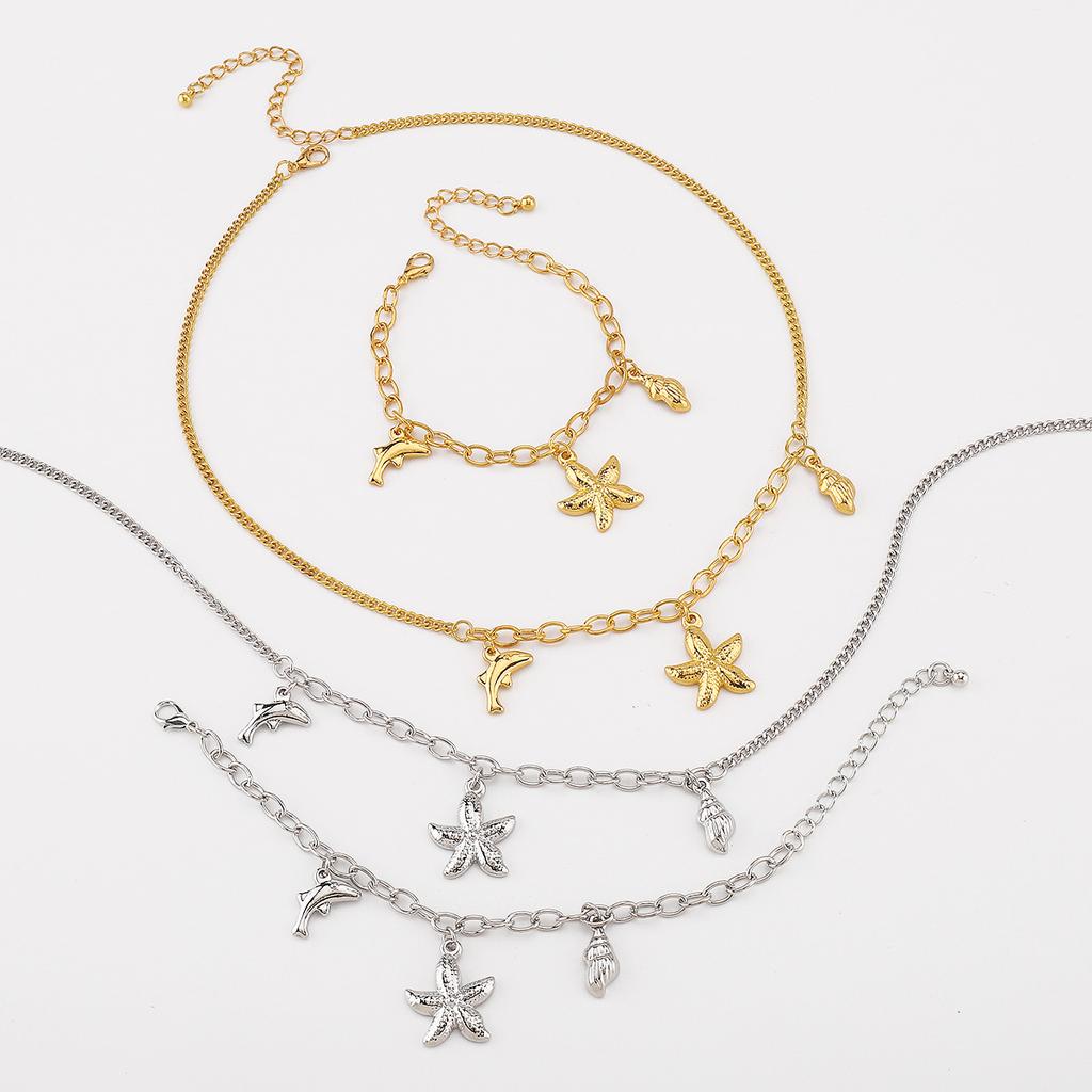 Women Fashion Exquisite Luxury Starfish Conch Dolphin Pendant Bracelet Necklace Retro Ocean Vacation Style Jewelry For Women