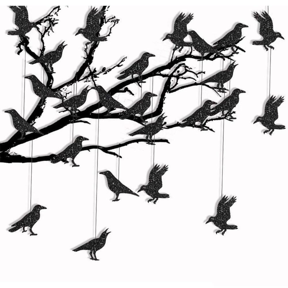 12pcs Thick Paper Black Crow Hanging Decor Dark Glittery Paper Birdcage Pendant Bar Club