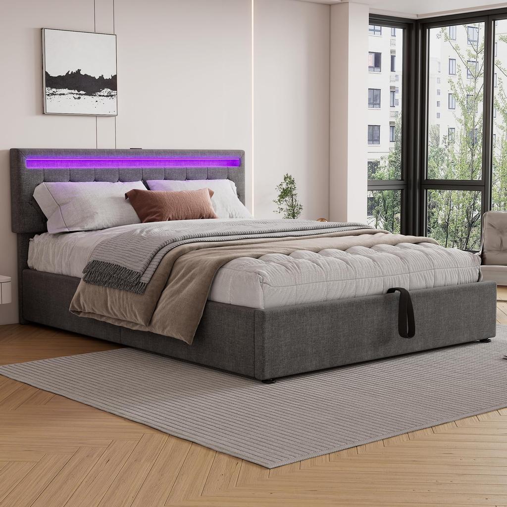 Upholstered Bed 160x200cm Hydraulic Double Bed Slat Base Headboard Outlets Ambient Lighting Storage Space Adults Teenagers Without Mattress Grey