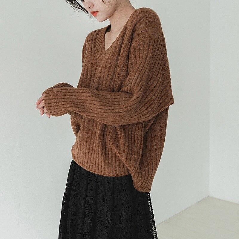 Pulovere casual coreene de toamnă Moda femei Pulovere de iarnă Pulover tricotat cu decolteu în V Pulovere pentru femei Topuri elegante Chic 29217