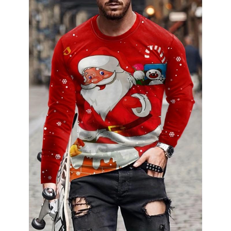 Camisetas de manga larga con estampado 3D de Papá Noel para hombre, camisetas con estampado de Papá Noel para fiesta de Navidad, moda informal para hombre, cuello redondo, manga larga