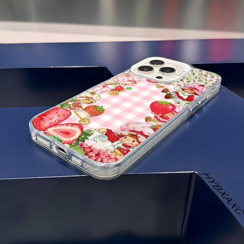 Pink Strawberry Cartoon S-Shortcake Phone Case For iPhone 16 15 14 13 12 11 Pro Max White Matte Laser Metallic Aurora Funda