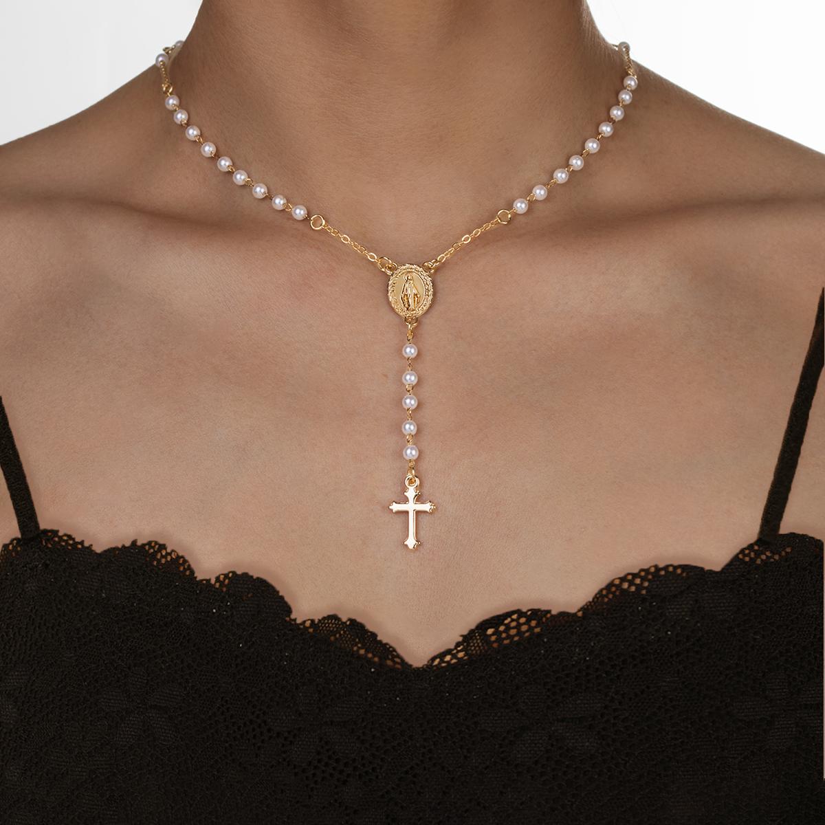 

Retro style cross necklace alloy hang tag long imitation pearl Y-shaped necklace suitable for holiday gifts