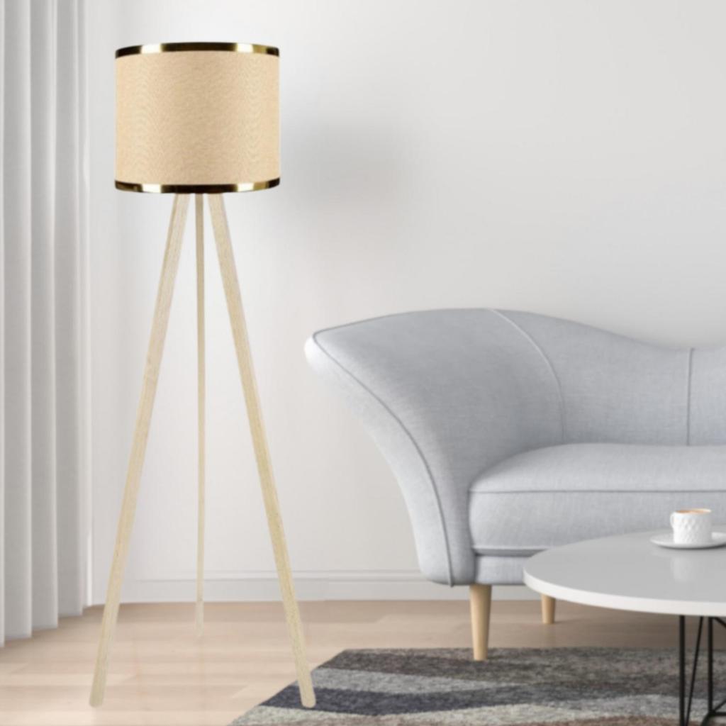 Krem Ahşap Üç Ayaklı Tripod Lambader Bej Kumaş Hazır Başlık Gold Şeritli Köşe Lambası