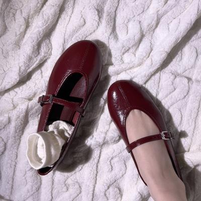 Sheepskin Version Za Retro Round Head One-word Buckle with Small Red Shoes Women's Flat Ballet Shoes Versatile Mary Jane Single Shoes