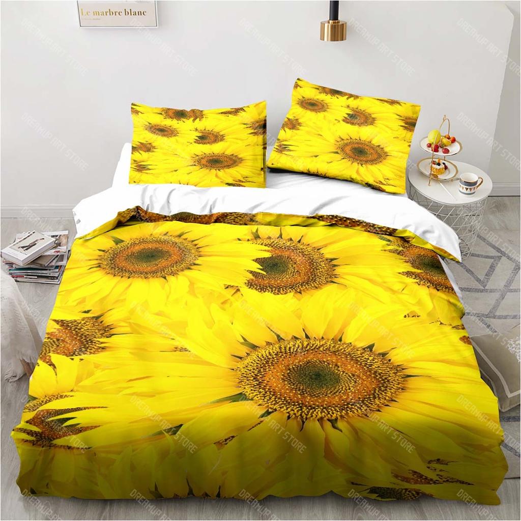 3D Sunflower Printing Set Bedding Floral Pattern Three-piece Set Living Room Bedroom Home Decoration Pillowcase Quilt Cover Gift