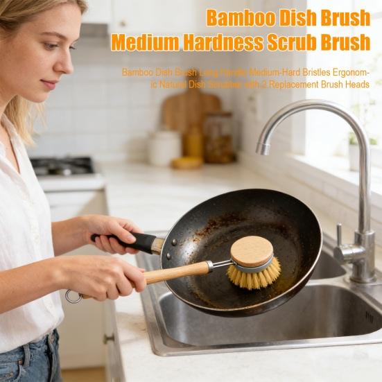 Bamboo Dish Brush Long Handle Medium-Hard Bristles Ergonomic Natural Dish Scrubber with 2 Replacement