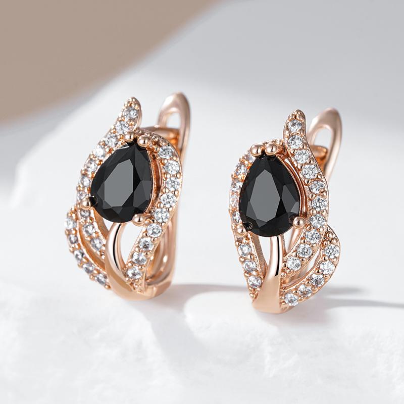 Vintage Black Stone Dangle Earrings For Women Luxury Rose Gold Color Natural Zircon Accessories Daily Fin Jewelry