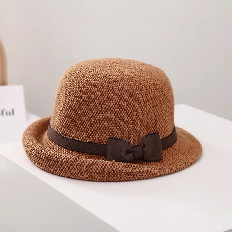 

Bow sun hat women spring and autumn summer travel small edge curled top hat breathable thin basin hat sunscreen bucket hat Adjustable