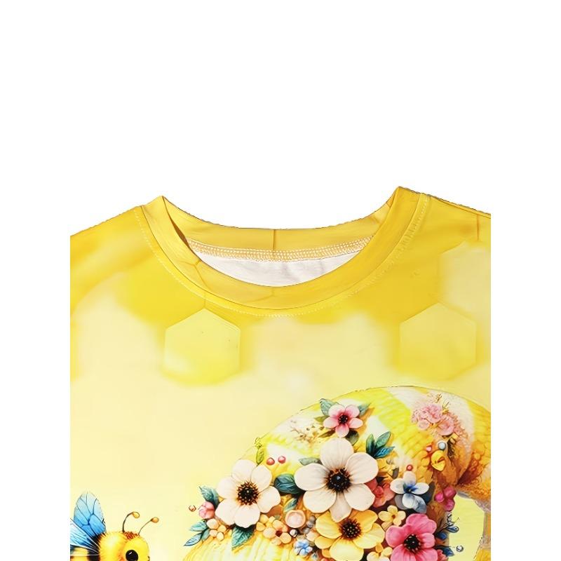 Camiseta de Manga Corta con Cuello Redondo, Estampado Floral de Abeja y Gnomo Lindo, Ropa Casual Diaria para Mujer
