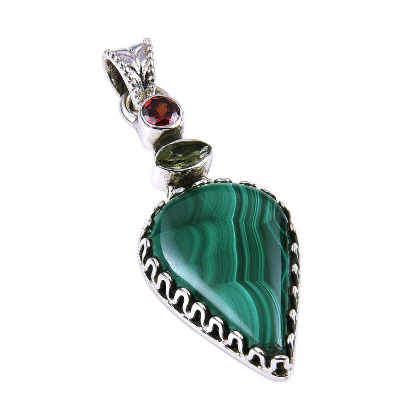 Natural Malachite,Peridot Gemstone 925 Solid Sterling Silver Pendant 1.75'' q9S28