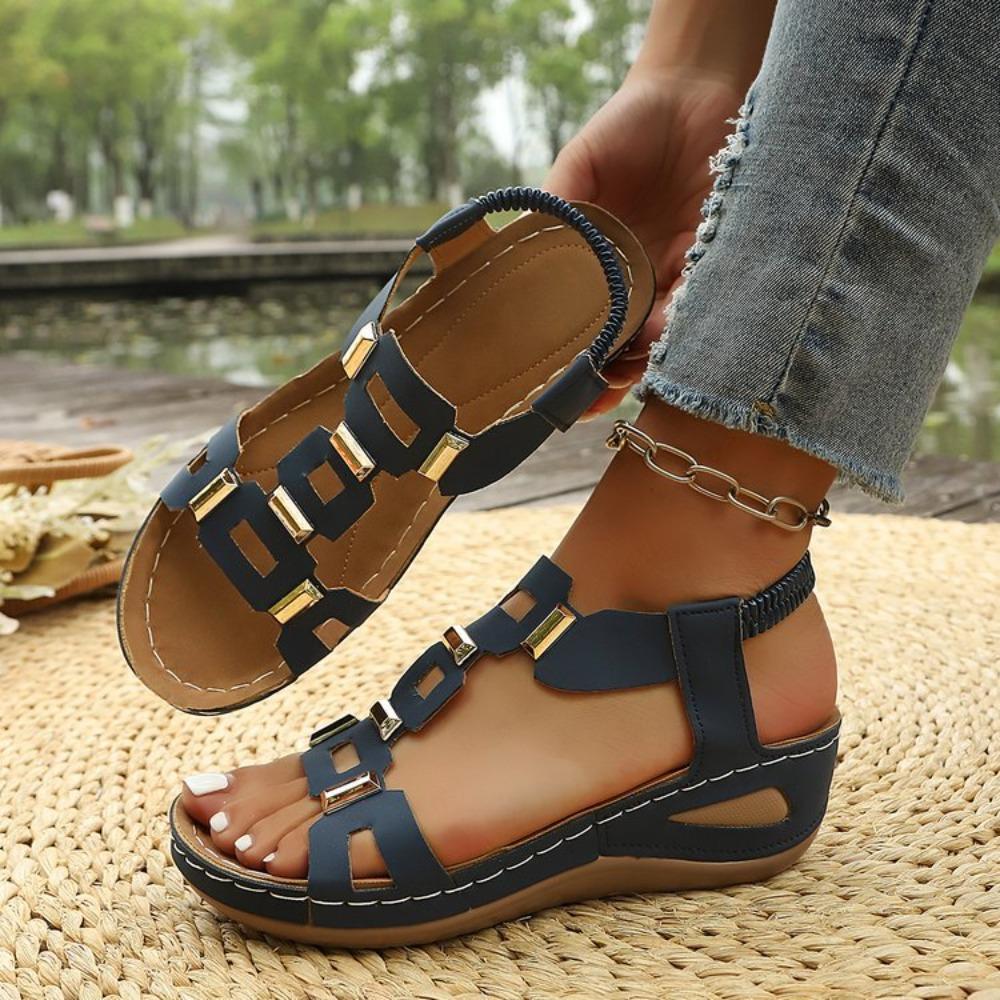 Sandali da Donna Estivi con Zeppa e Bocca di Pesce Fibbia Metallica Elastici Slip-On Scarpe alla Moda da Donna Taglie Forti