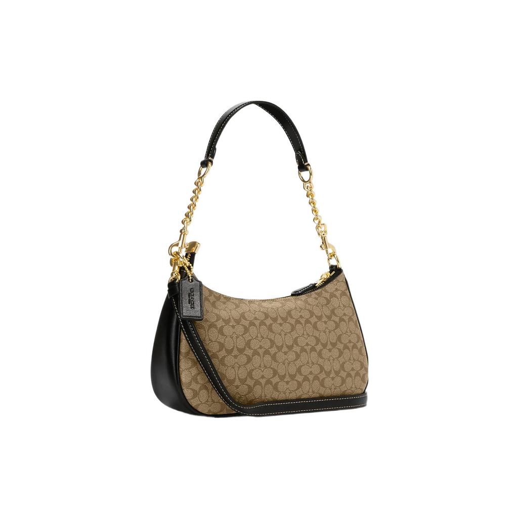 New COACH Teri Canvas With Leather Handbags Shoulder Bags Women's Khaki & Black CJ941-IMCBI