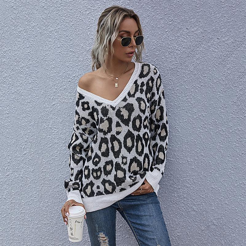Women's V-Neck Sweater, Leopard Print for Spring and Fall
