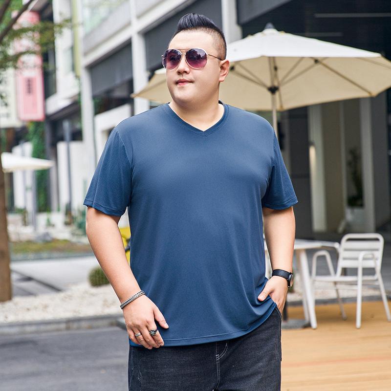 Summer Short Sleeved T-shirt for Men's V-neck Plus Size Ice Silk Solid Color T-shirt