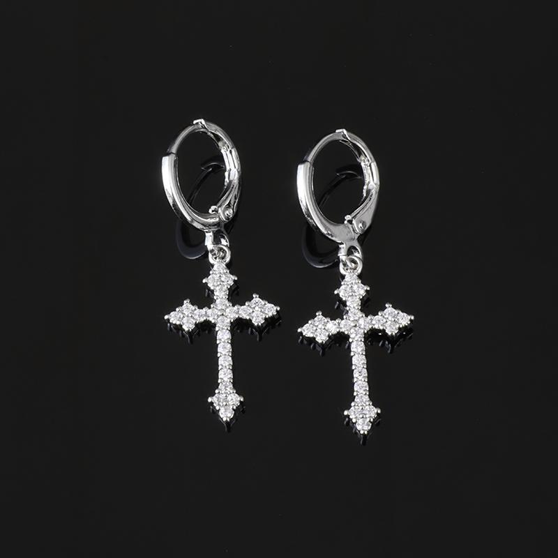 Hip Hop Iced Out Cross Dangle Earrings for Men Women Bling Silver Color Cubic Zircon Earrings Anti Allergy