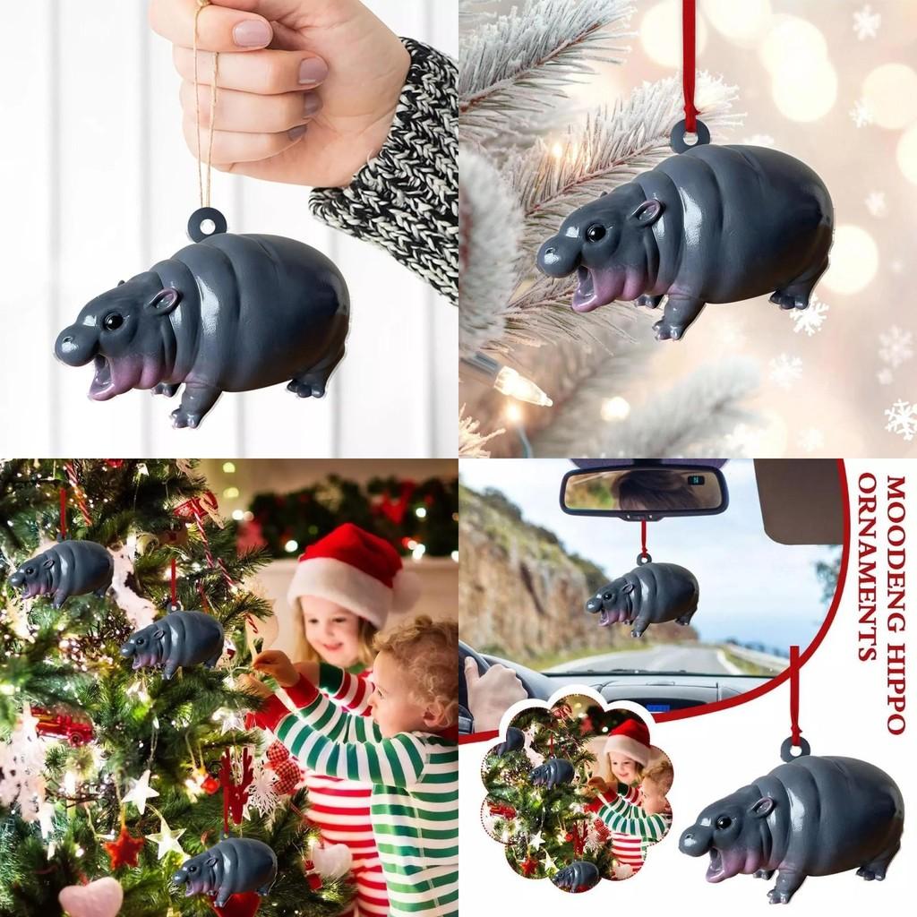 Adorable Moodeng Christmas Hippo Ornament Cartoon Resin Tree Decoration Gift