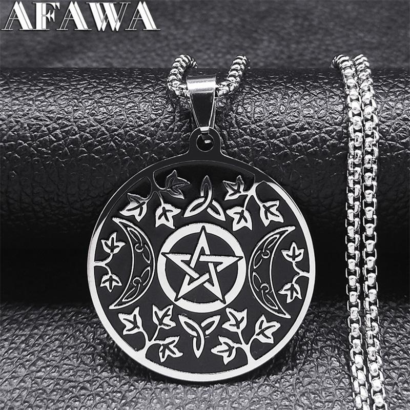 Witchcraft Pentagram Star Irish Knot Moon Sun Stainless Steel Necklaces Triple Moon Goddess Leaf Necklace Jewelry bijoux N3718
