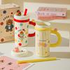 Large Capacity Cartoon Straw Cup with Lid Cute Mug High value Kitten Animal Ceramic Cup Set Gift