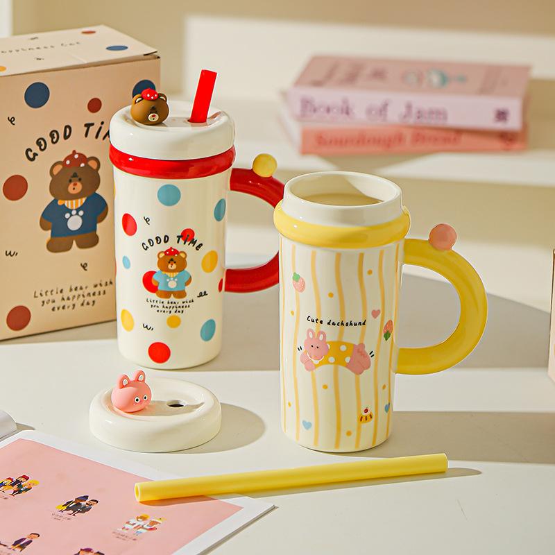 Large Capacity Cartoon Straw Cup with Lid Cute Mug High value Kitten Animal Ceramic Cup Set Gift