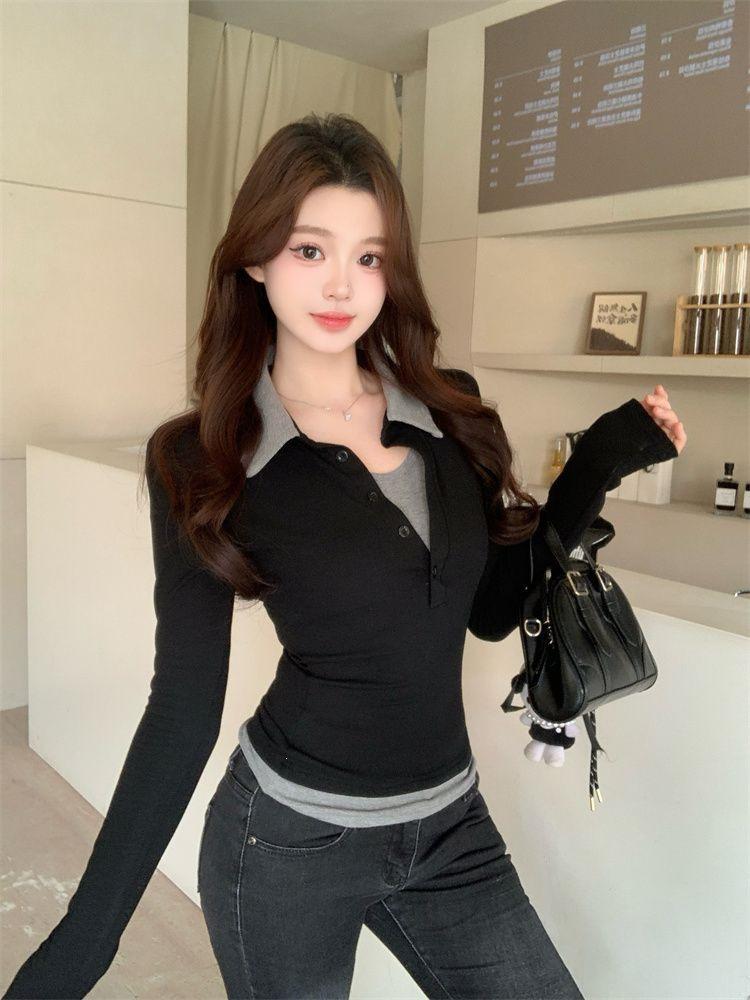 Women's Autumn & Winter Long-Sleeve T-Shirt: Slim-Fit, Color Block, Patchwork, Fake Two-Piece Versatile Base Layer Top.
