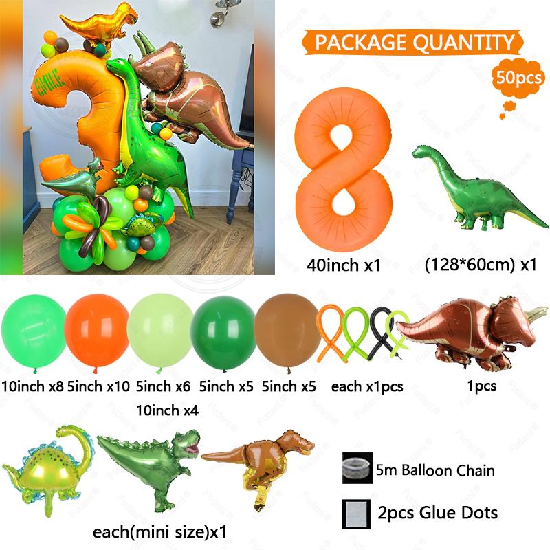 Green Jungle Animal Dinosaur Digital Set for Boys' Birthday Party Decoration Orange Number Colum Tyrannosaurus Rex Balloon Gift