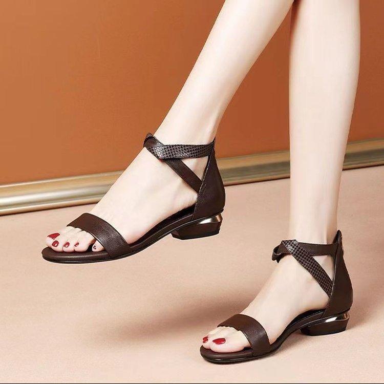 Women's bag heel sandals women's 2025 new summer wear fashion high sense flat bottom one word belt Roman shoes
