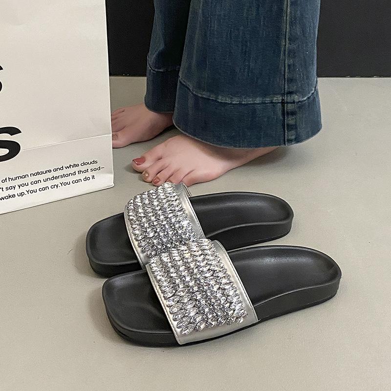 New summer rhinestone fashion outer wear casual open-toe one-word buckle sandals flat-soled cool slippers women