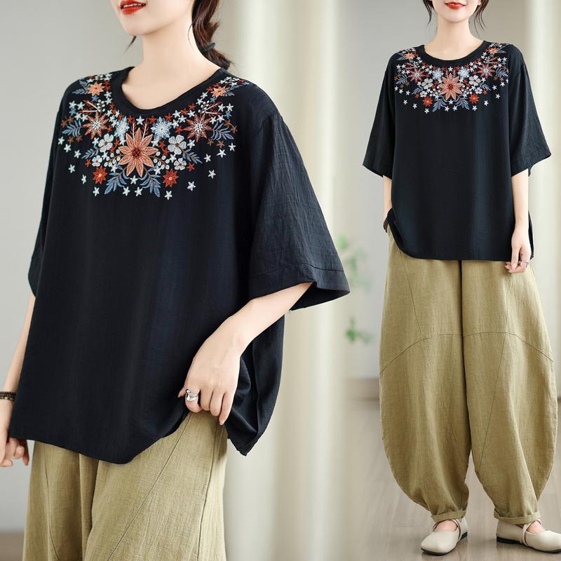 Dimanaf 2025 Summer Plus Size T-Shirt Vintage Women Short Sleeve Floral Short Loose Tops Tees