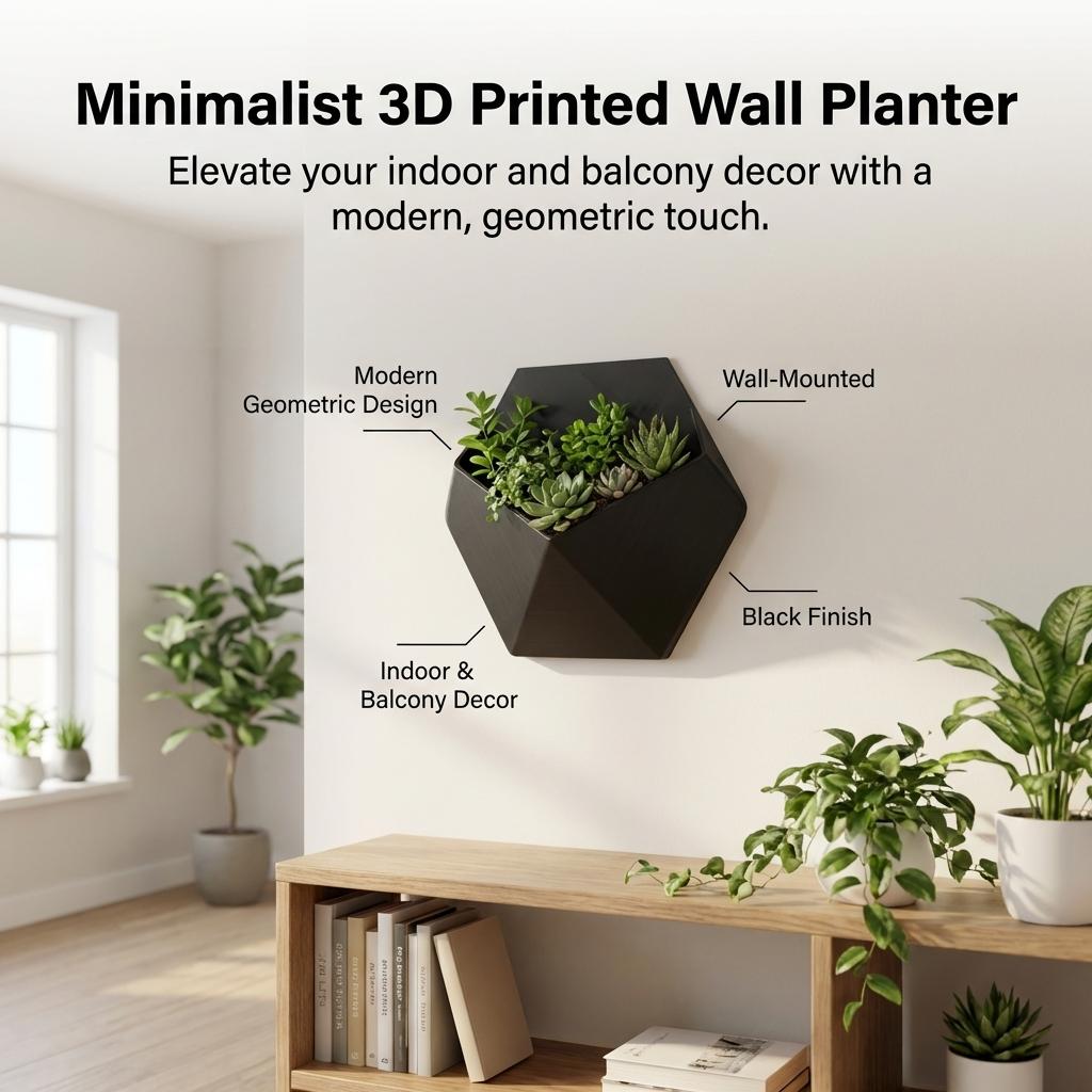 3D Printed Wall Mounted Planter Minimalist Design for Indoor Balcony Decoration PLA Material 16x14x4.6cm