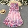 Early spring vacation dress women's new one-word shoulder straps waist lantern sleeves printed chiffon long dress