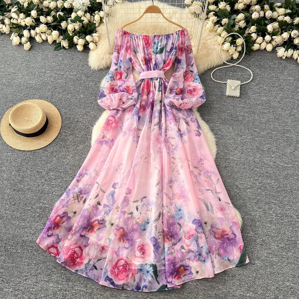 Early spring vacation dress women's new one-word shoulder straps waist lantern sleeves printed chiffon long dress