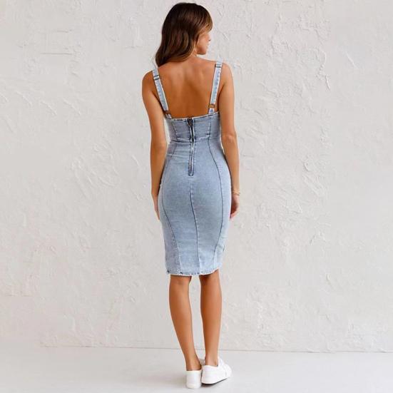 Dámské letní džínové šaty Nízký střih s výstřihem do U, bez rukávů, na zip, zapínání na zip Slim střih Znuděný, boční, retro, plášť, midi šaty