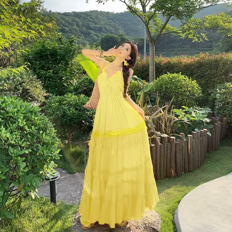 French retro yellow v-neck suspender dress women's summer sexy small backless cake dress