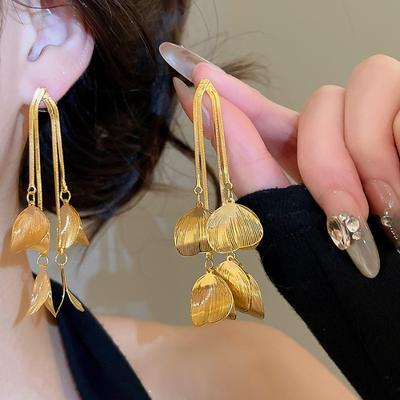 Women French Style Dangle Earrings 14K Real Gold Plated Copper Hollow Metal Flower Petal Long Chain Tassel Fashion Jewelry