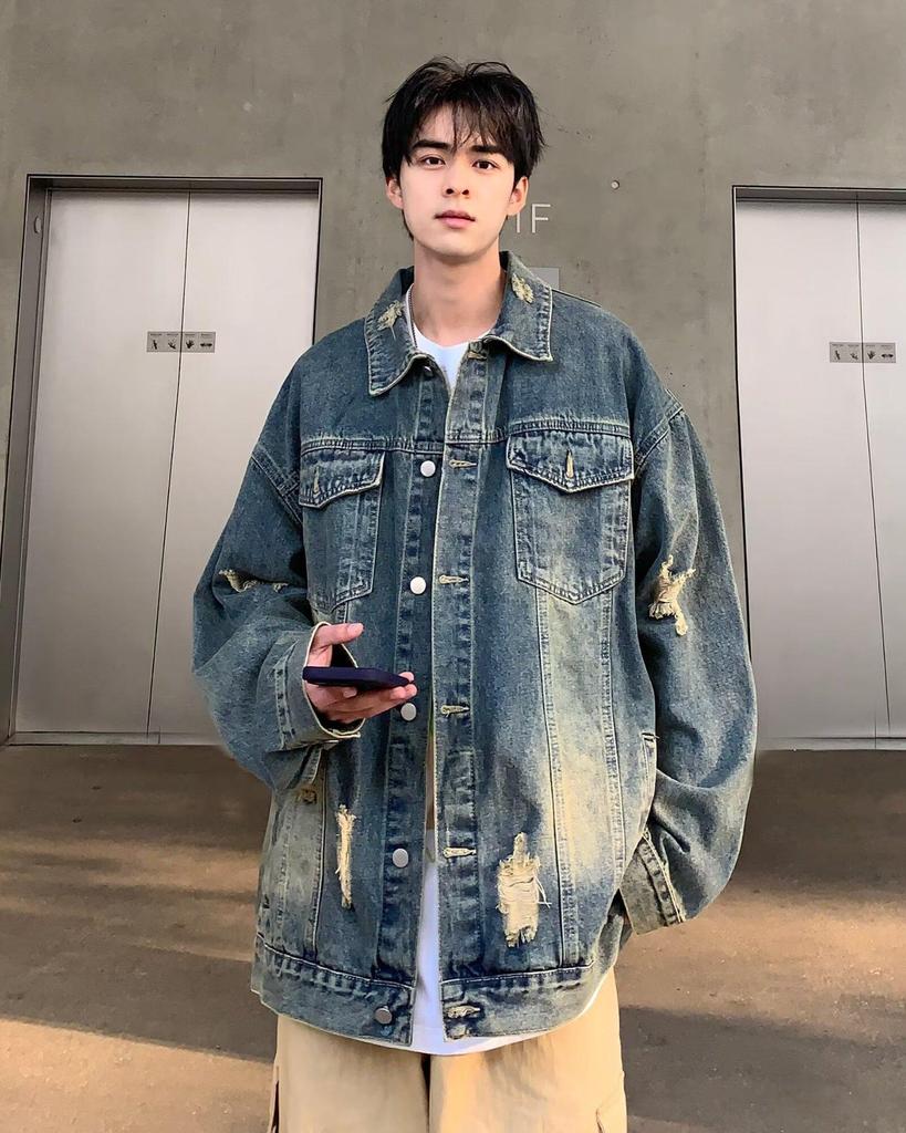 Men's Multi-Pocket Ripped Denim Jacket - Spring/Autumn, Trendy American Retro Street Style