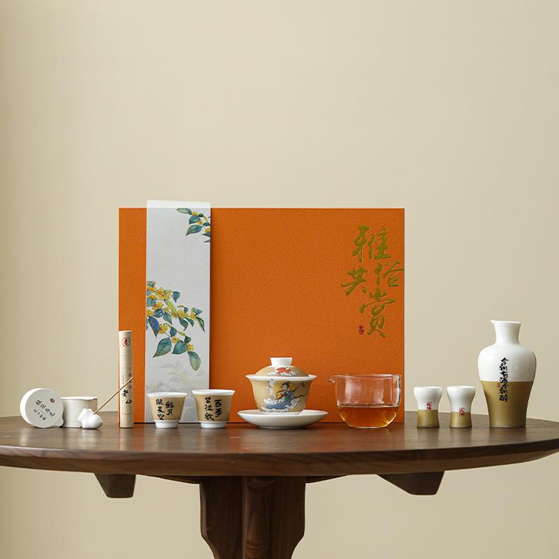 High-end Kung Fu tea set, household hand-painted step-by-step cover bowl teacup gift box plus