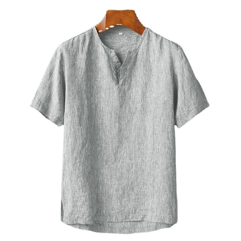 Summer Loose Casual Youth Collarless Linen Cotton Ordinary Solid Color Men's Shirt