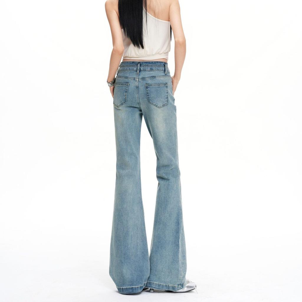 Spring Summer Light Blue Double Button High Waist Full Star Rhinestone Stretch Trendy Denim Pants Women Casual Pants Oversize Denim Trousers
