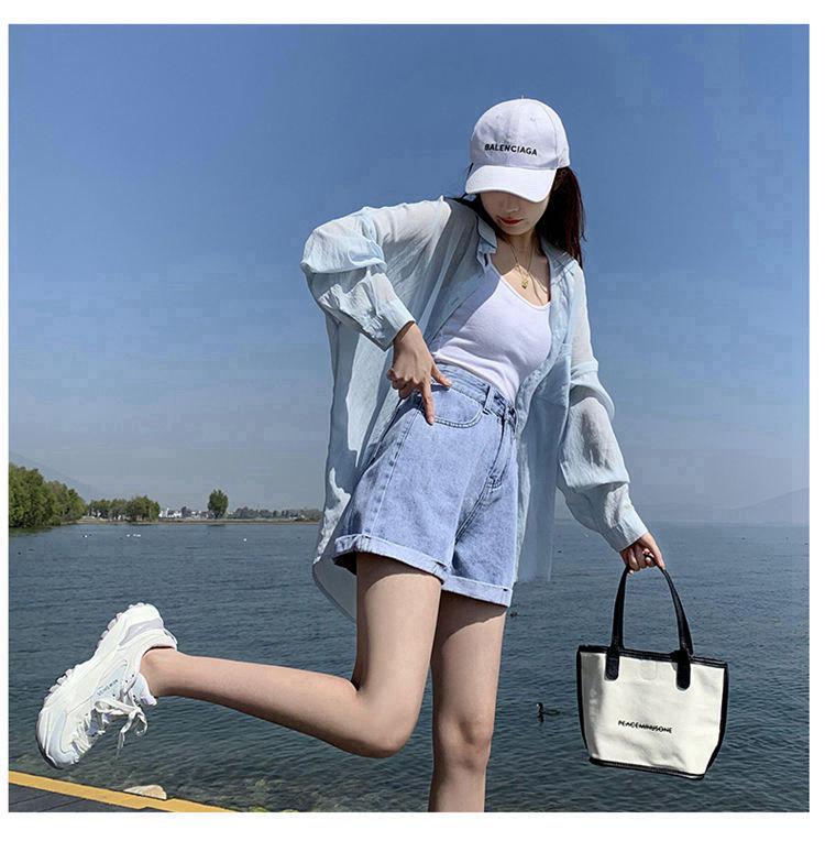 Women's High Waist Denim Shorts - Loose A-Line, Rolled Hem, Summer 2021, Korean Style Trend