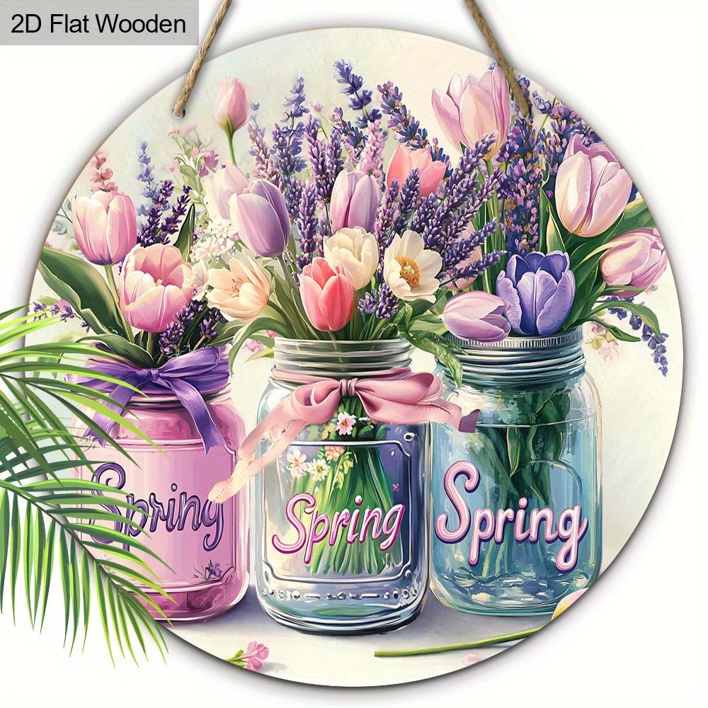 1 Stück Federholz Dekorative Schilder und Plaketten - Drei Glasgefäße gefüllt mit Blumen - Holzornament Schild - Geschenk für Freunde - Wand- oder Türhänger