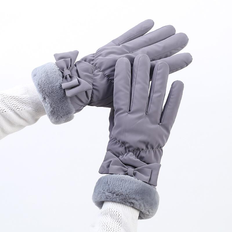 Winter Warm Gloves for Women with Velvet Waterproof Windproof Outdoor Cycling Touchscreen Butterfly Knot Cotton Gloves