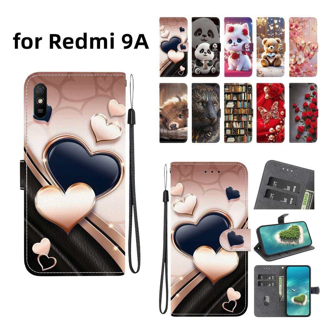 Handgefertigte PU-Leder-Klapphülle für Redmi 9A Rutschfeste stoßfeste Hülle mit Handschlaufe & Herz-/Rosen-/Katzen-Designs