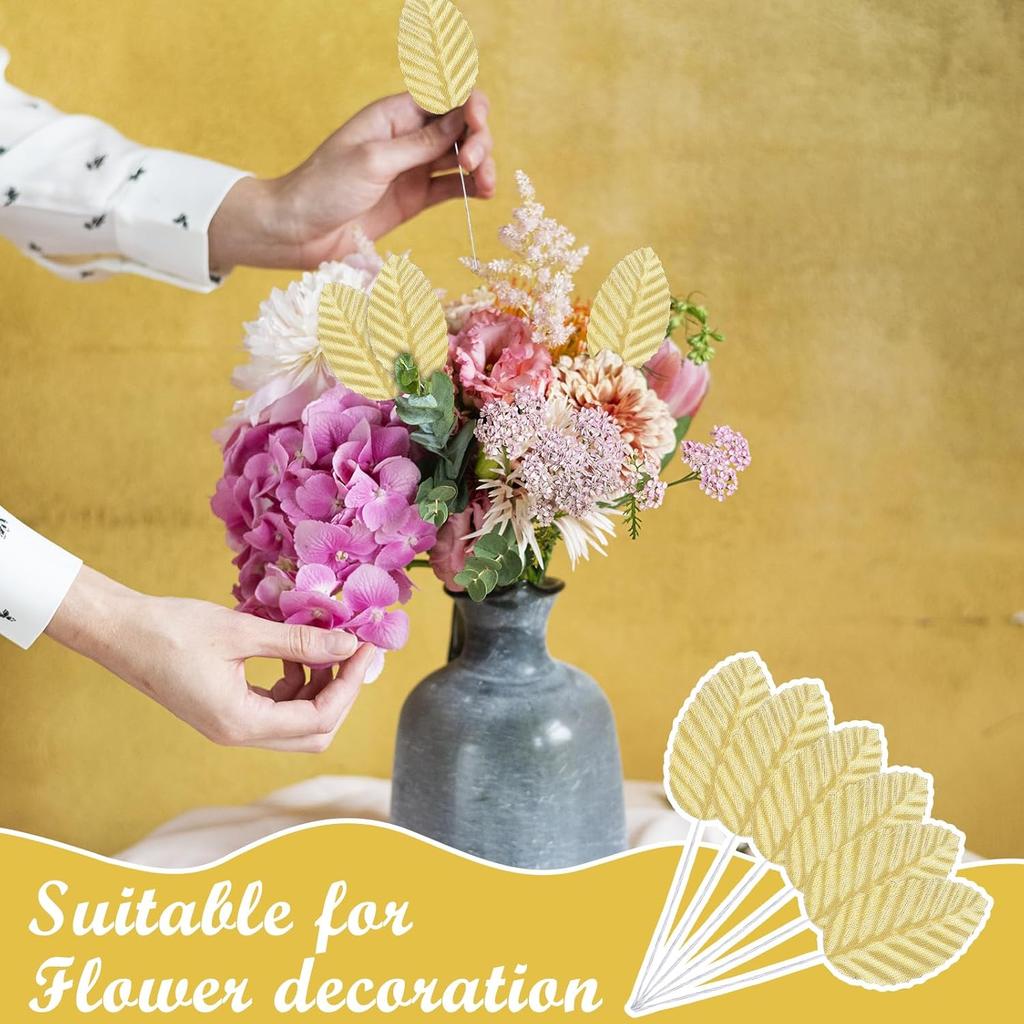 200pcs Gold Leaves Artificial Flowers,Artificial Silk Leaves, Fake Leaves with Stems Crafts Fake Faux Wired Single Leaf for DIY Crafts Floral