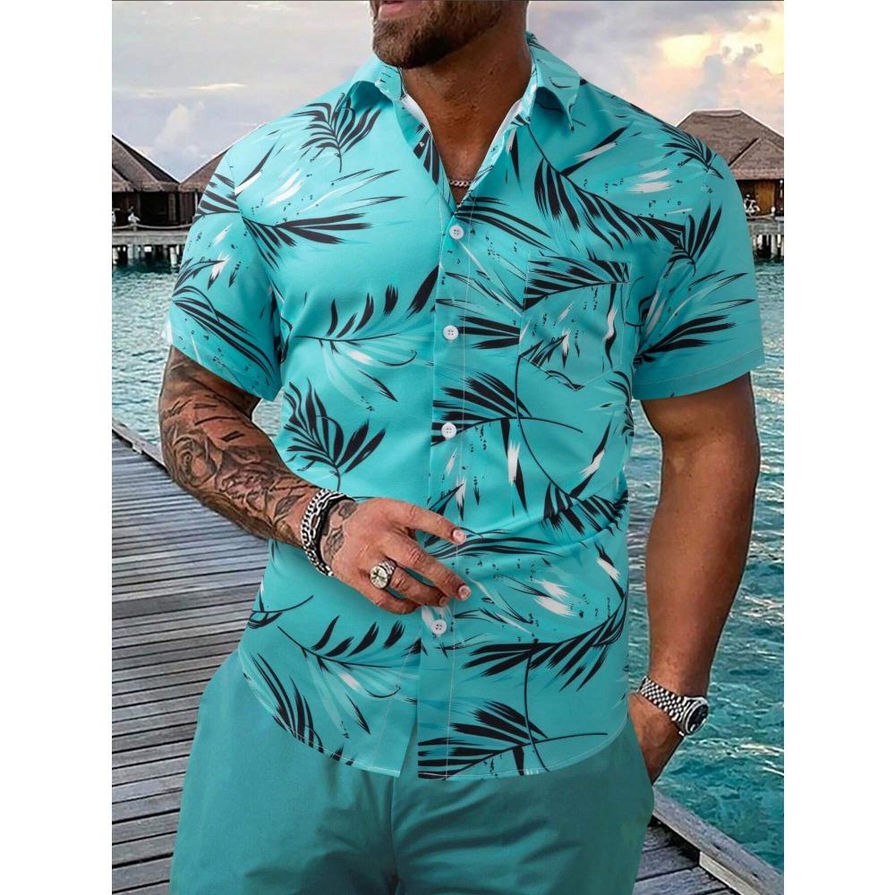 Hawaiian palm tree 3D printed men's shirt, casual and fashionable short sleeved shirt, lapel button top large unisex clothing