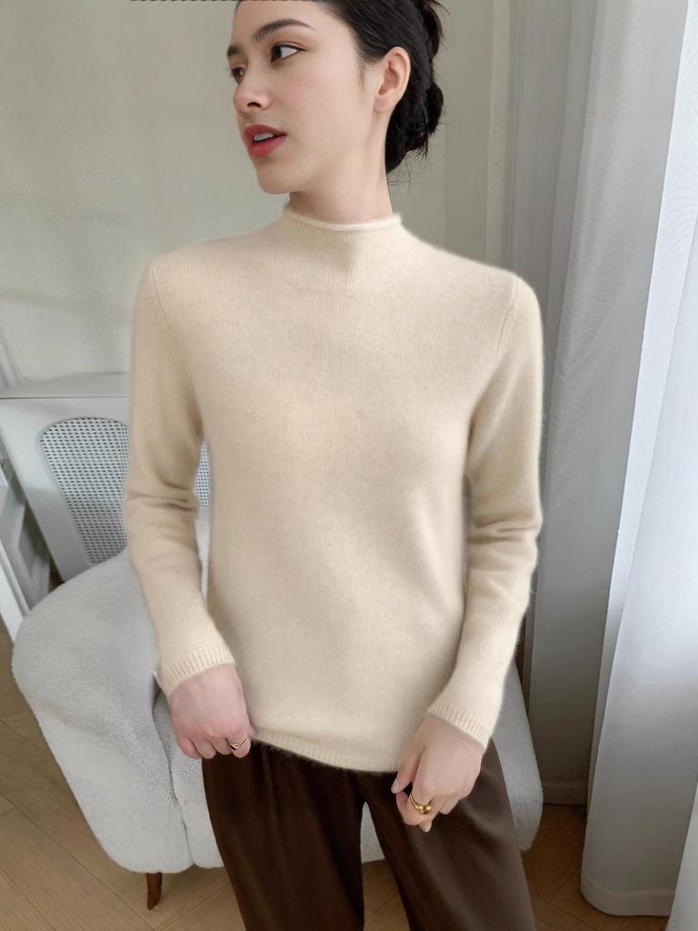 Versatile Women's Slim Cashmere Sweater - Autumn/Winter 2025, Half-High Neck, White Pullover