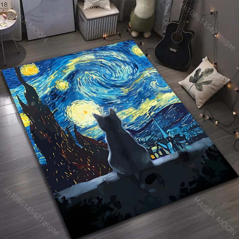 

1PC Cat Watching Starry Night Carpet for Living Room Bedroom Sofa Home Decor Rus Non-slip Floor Mat Luxury Gift 40cm x 60cm