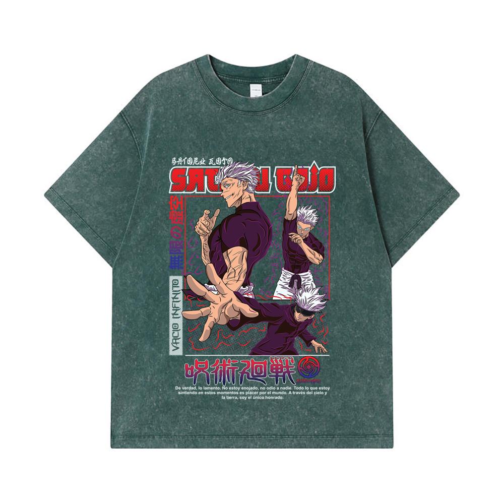 275 GSM Washed T-shirts 100% Cotton Jujutsu Kaisen V25 Gojo Print Unisex Heavy Cotton T Shirt