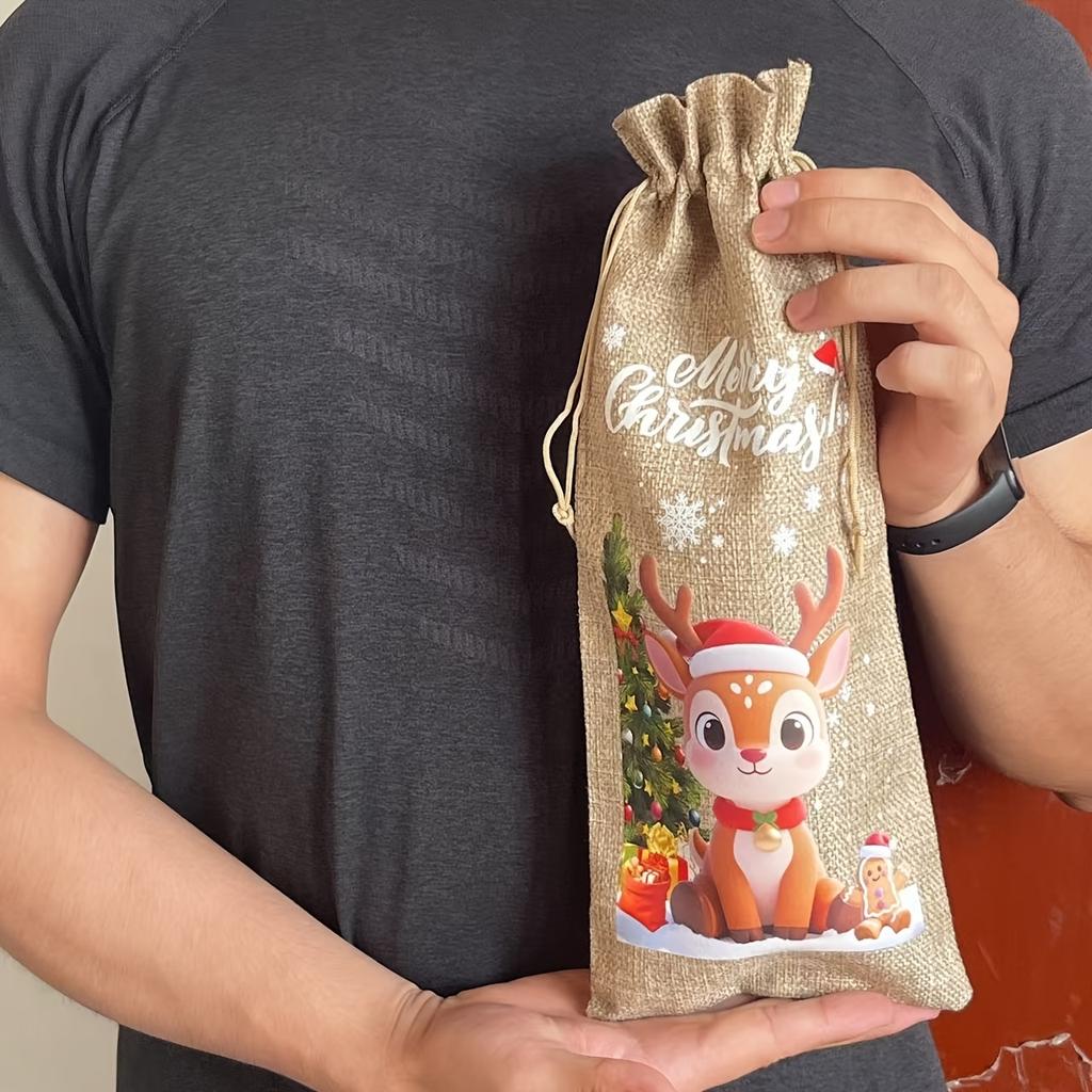Christmas Wine Bags with Drawstring, Jute Hessian Burlap Wine Gift Bottle Bags, Reusable Fabric Bottle Gift Bags  for Christmas